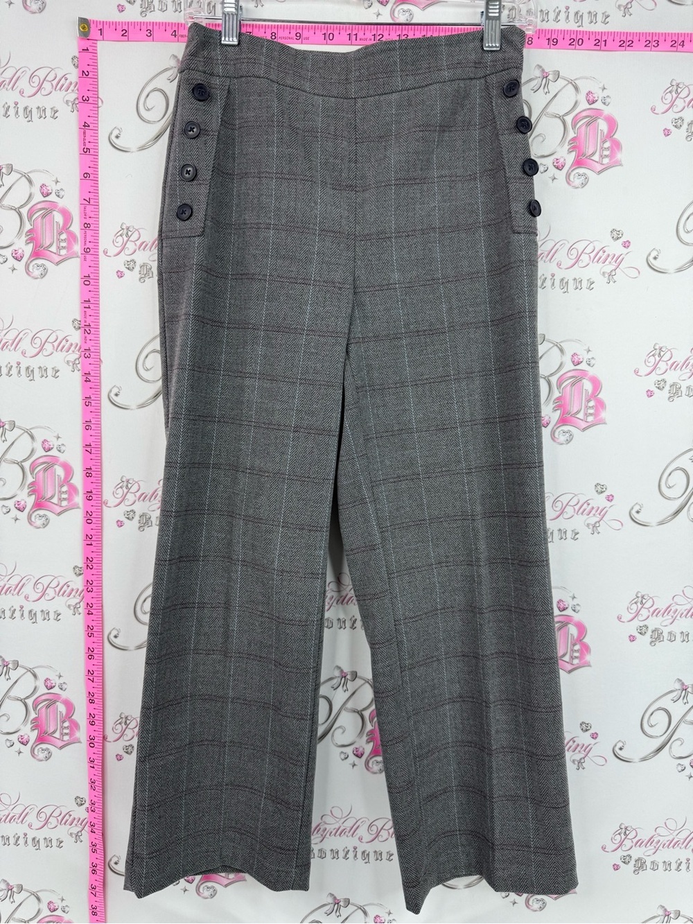 LOFT pants wide leg buttons sailor Gray Plaid Wide-Leg Trousers